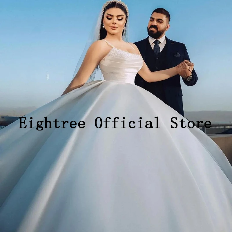 Eightree White A-Line Wedding Dresses Spaghetti Straps Beadings Dress Boho Satin Princess Wedding Evening Prom Gowns Custom Size