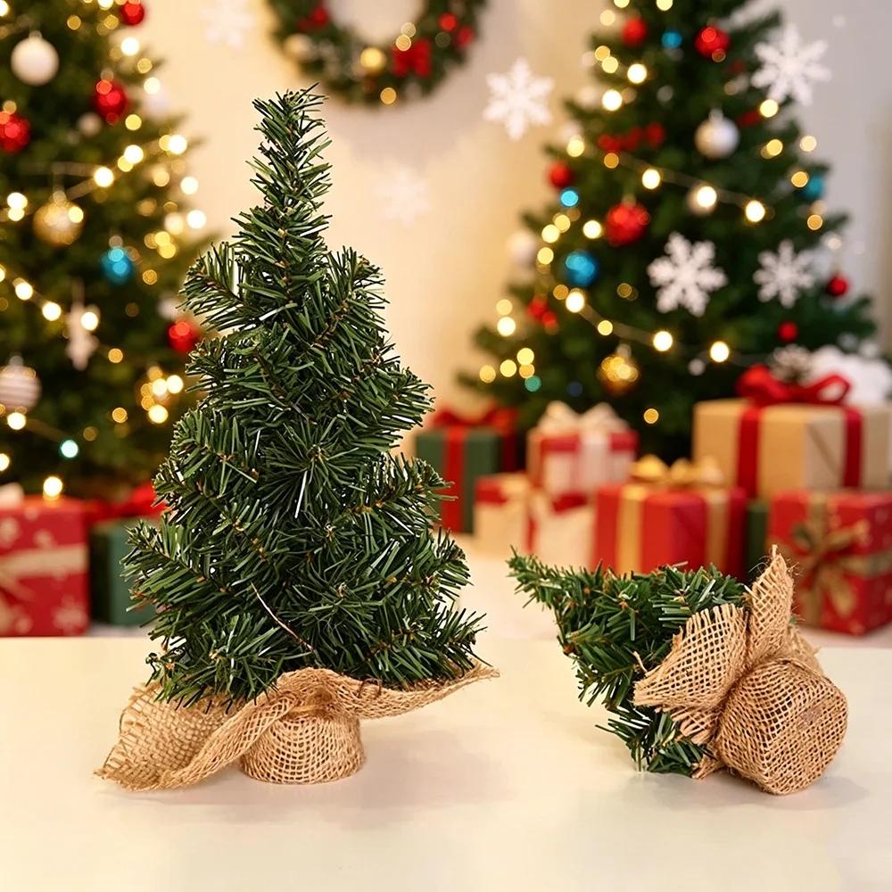 5 Pack Mini Green Christmas Trees Linen Base From 15cm To 40cm Suit Desktop and Shop Window Festive Scene Decoration