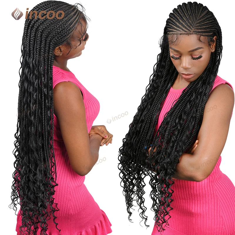 36インチ合成ボヘミアン風グルーレス編み込みウィッグ黒人女性用フルレースボックス編み込みウィッグサイドパートコーンロウ編み込みウィッグ