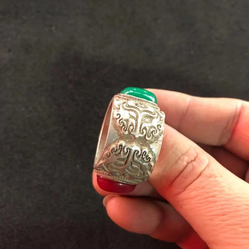 Antique Miscellaneous Items Retro Green Jade Ring Tibetan Silver Inlaid Gemstone Men's Green Jade Ring Fashion Ethnic Style
