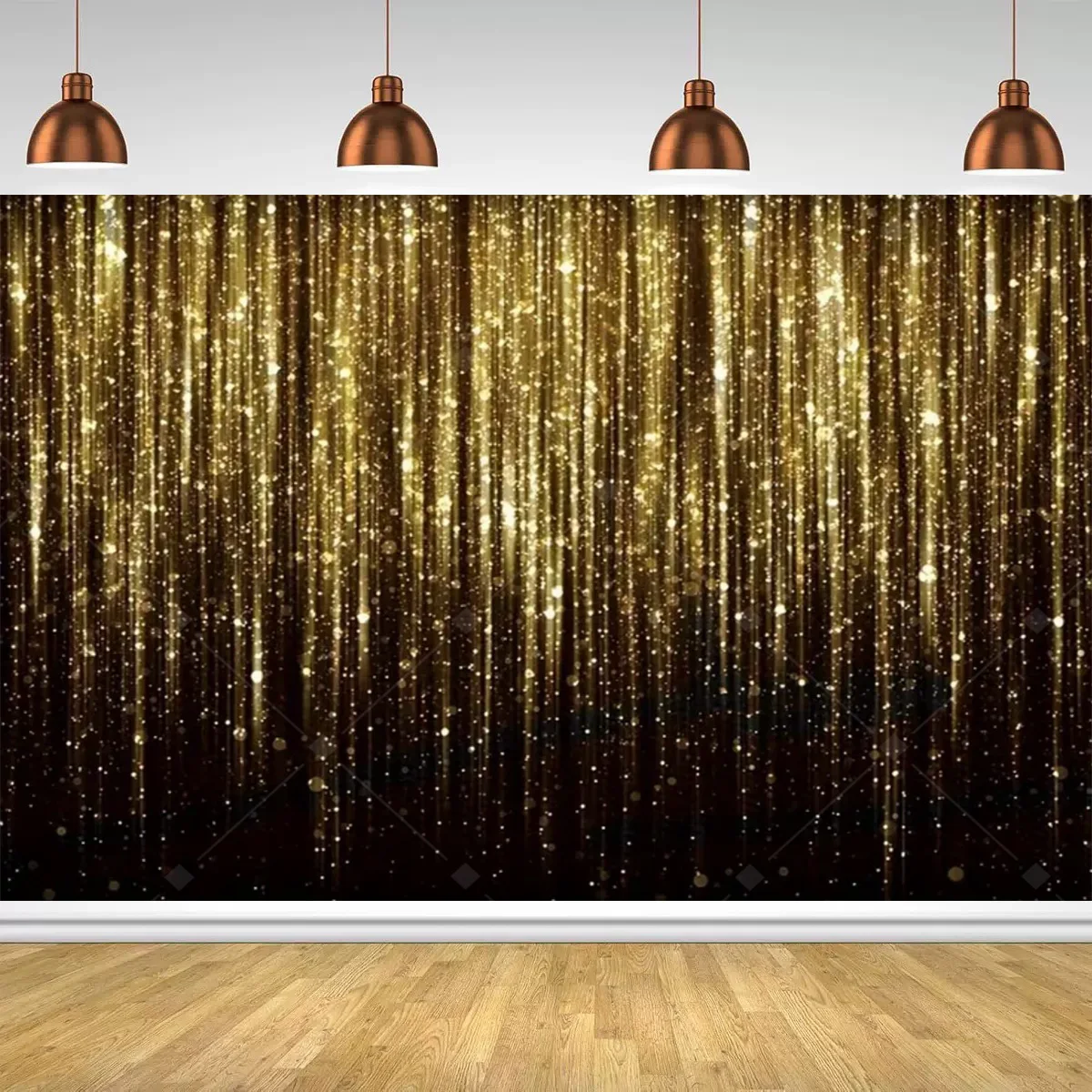 Schwarzgoldene schimmernde Bühnendekoration, sternförmiger schimmernder goldener Polka-Dot-Banner, geeignet für Geburtstags- und Hochzeitsfeiern. – Detail 8