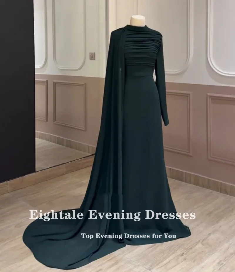 Eightale アラビア語イブニングドレス ハイネック プロムドレス カスタマイズされた長袖 キャップ ダークグリーン マーメイド ウェディング パーティードレス