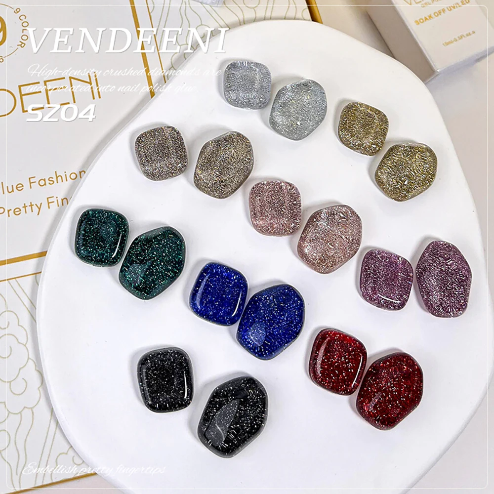 Vendeeni 9 Colors Glitter Broken Diamond Gel Nail Polish Retro Color UV Soak Off Gel Varnish Black Gold Silver Flash Gel Lacquer