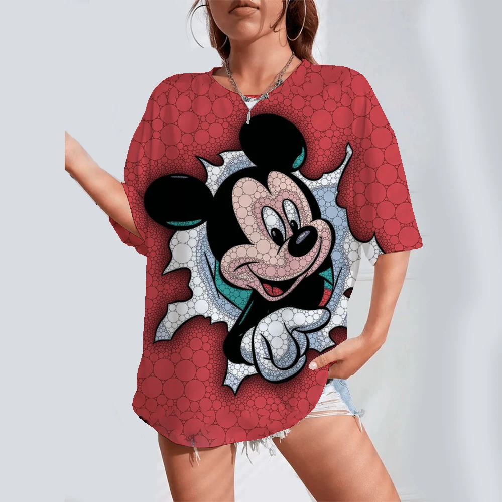 

Summer women's T-shirt Disney Mickey Mouse 3D printed T-shirt casual short sleeved V-neck 3D T-shirt fashionable streetwear wome