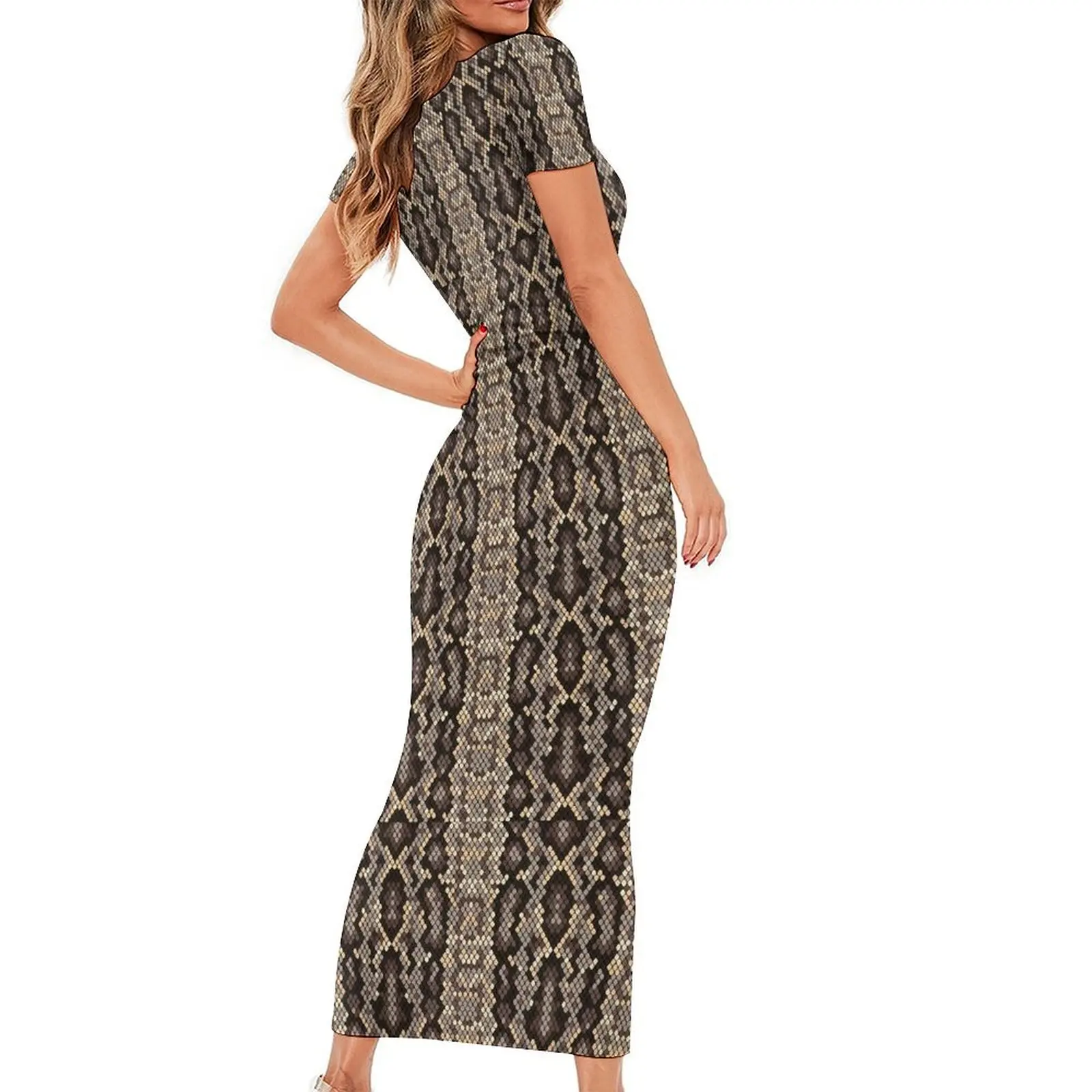 Faux Brown Snakeskin Dress Women Animal Streetwear Bodycon Dress Holiday Short Sleeve Elegant Maxi Dresses Oversize Vestidos