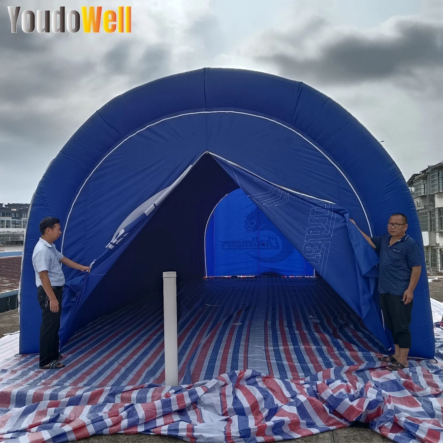 Tente tunnel bleue gonflable personnalisée avec logo, 10ml, 4.5mW, 3,5 mH, tente finie avec ruban, portes doubles pour exposition, événement