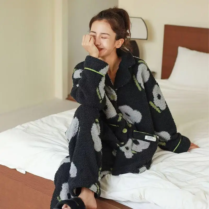 امرأة الشتاء Pj مجموعة منامة دعوى الطباعة رشاقته الفانيلا Homewear يمكن ارتداؤها كملابس خارجية المرجان الصوف الدفء ملابس خاصة دعوى