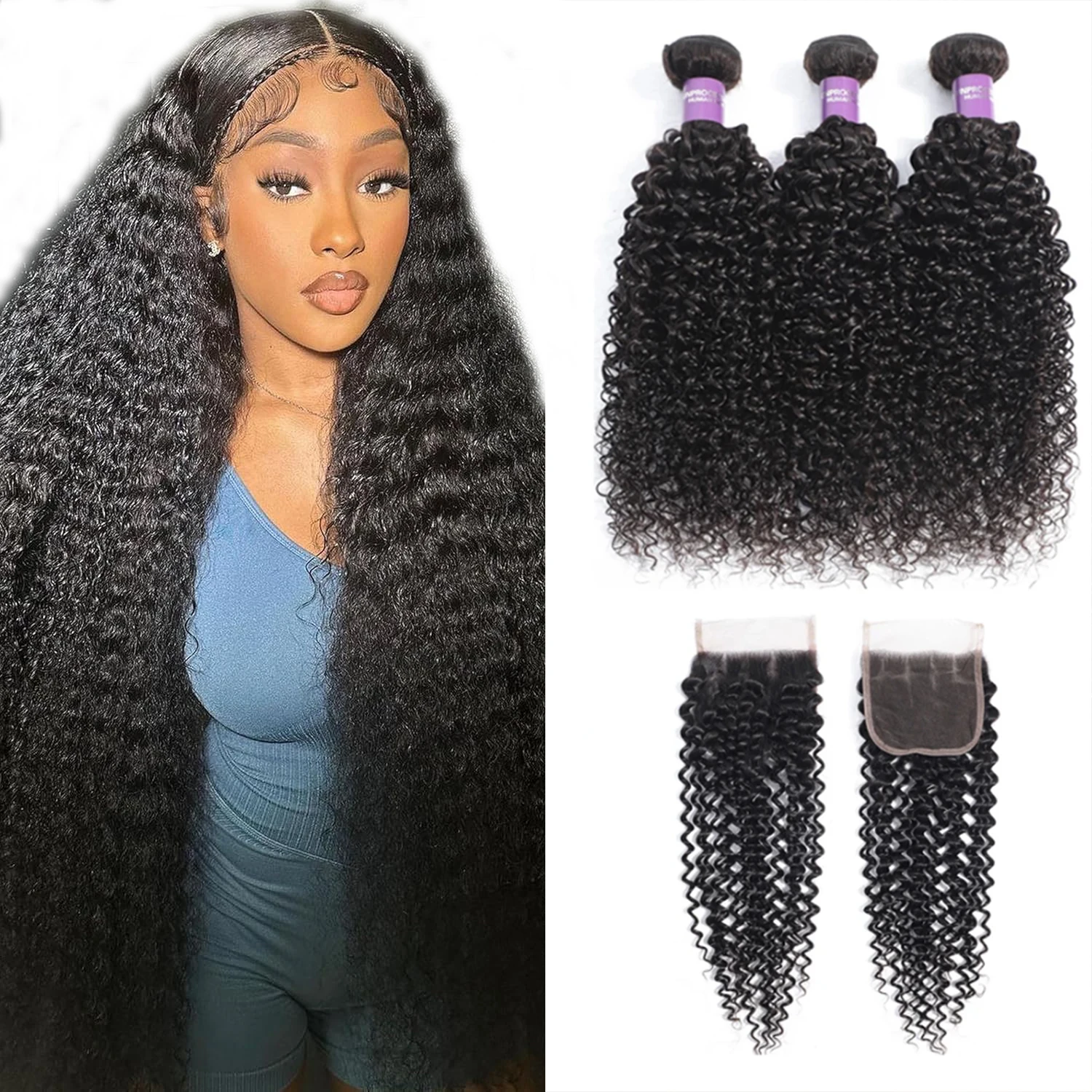 Ulrica Kinky Curly Bundles With 4x4 Lace Closure Human Hair Natural Color Hair Pre Plucked Curly HD Lace Closure Human Hair