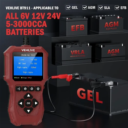 VEHLIVE BT911 Probador de Baterías 6V 12V 24V para Coches AMG GEL EFB CCA SOH SOC Probador de Alternadores para Motocicletas Analizador de Salud de Baterías de Automóviles Vehículos con Motor Prueba de Arranque y Carga