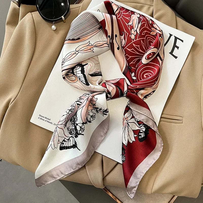 New Floral Print Shawl Design Silk Square Scarf Women Female Wrap Headkerchief Hijab Beach Stoles Hair Band Echarpe Bandana 2023