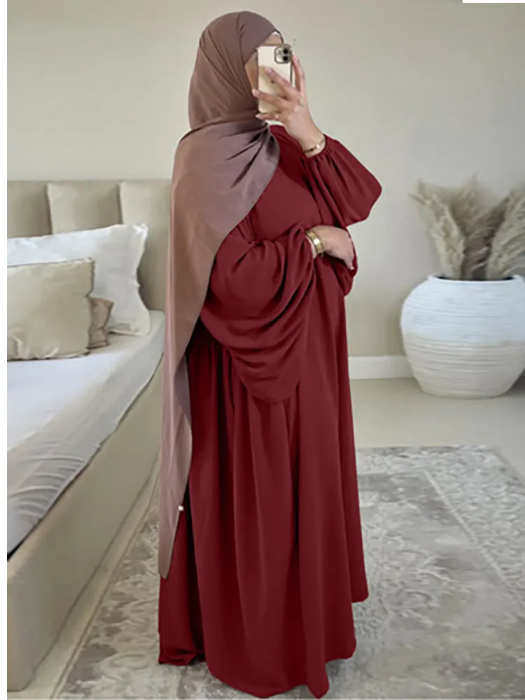 Closed Abaya Balloon Sleeve Plain Loose Abayas for Women Dubai Turkey Muslim Hijab Dress Ramadan Eid Islam Outfit Prayer Clothes