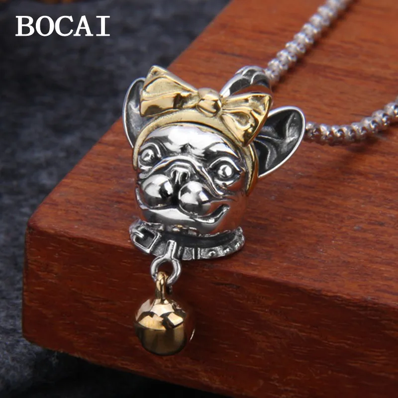 BOCAI New S925 Silver Retro Personalized Niche Design Dog Bell Charms Pendant Men and Women Gift Fine Choice Charm Jewelry