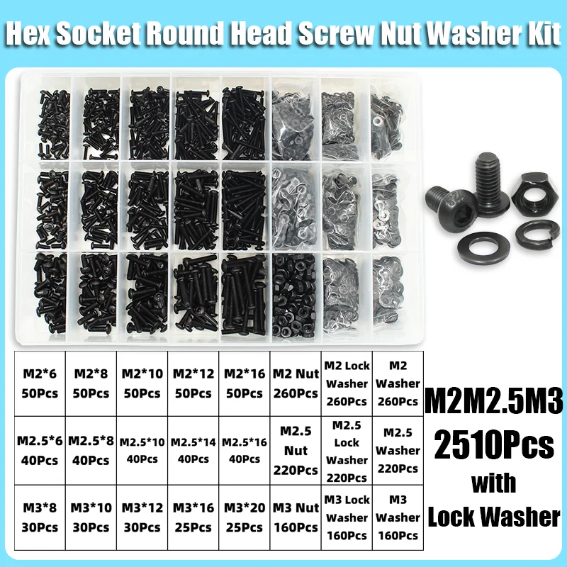 Komplettes 2510-teiliges M2 M2.5 M3 M4 M5 M6 Rundkopf-Innensechskantschrauben-Set 1840 10.9 Güteklasse Schwarze Innensechskant-Knopfkopfschrauben ISO7380 – Detail 9
