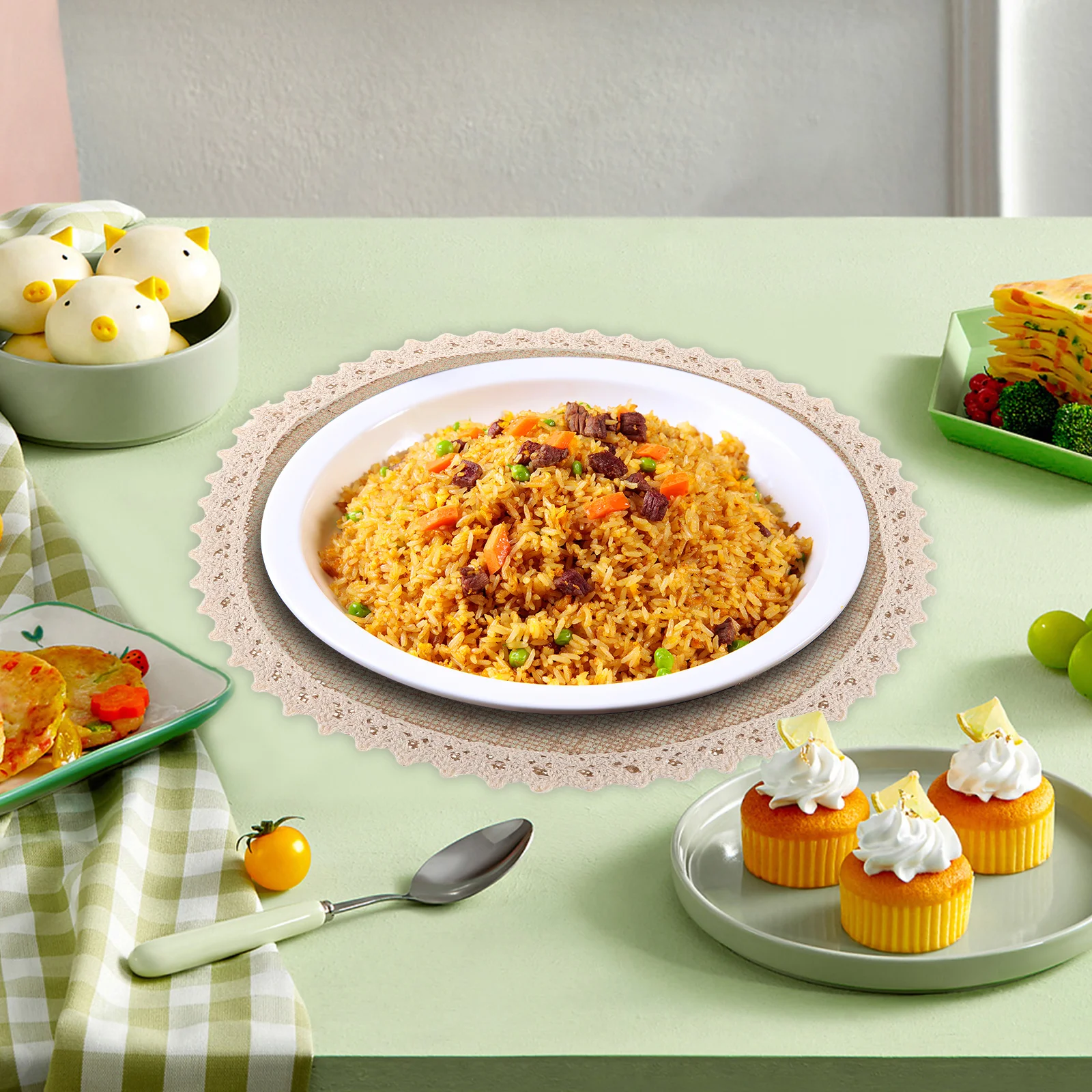 

4Pcs Rustic Placemats Set Linen Fabric Round Table Mats with Lace Trim Farmhouse Style Heat Resistant Coasters for Drinks