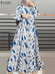 ZANZEA damska wiosenna sukienka w stylu Vintage z długim rękawem dubajska indyk Abaya hidżi Vestido Kaftan z nadrukiem modne kwiatowe sukienka Maxi długa