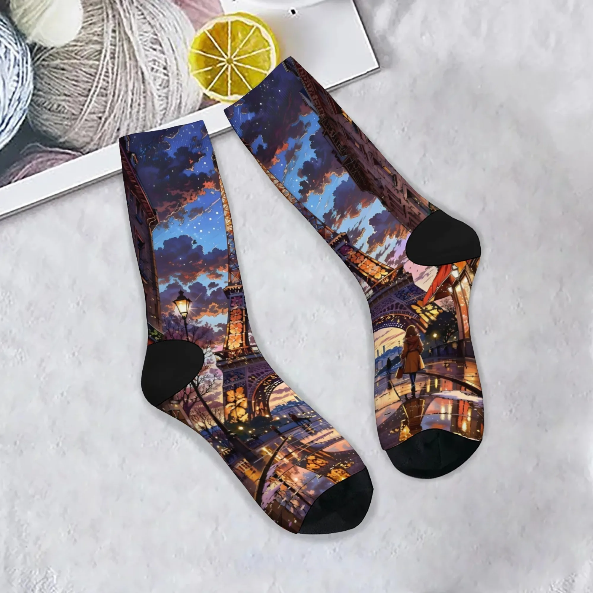 

Romantic Paris Eiffel Tower Night Crew Socks, Starry Sky Water Reflection Urban Print Socks, Gift for City Landscape Lovers
