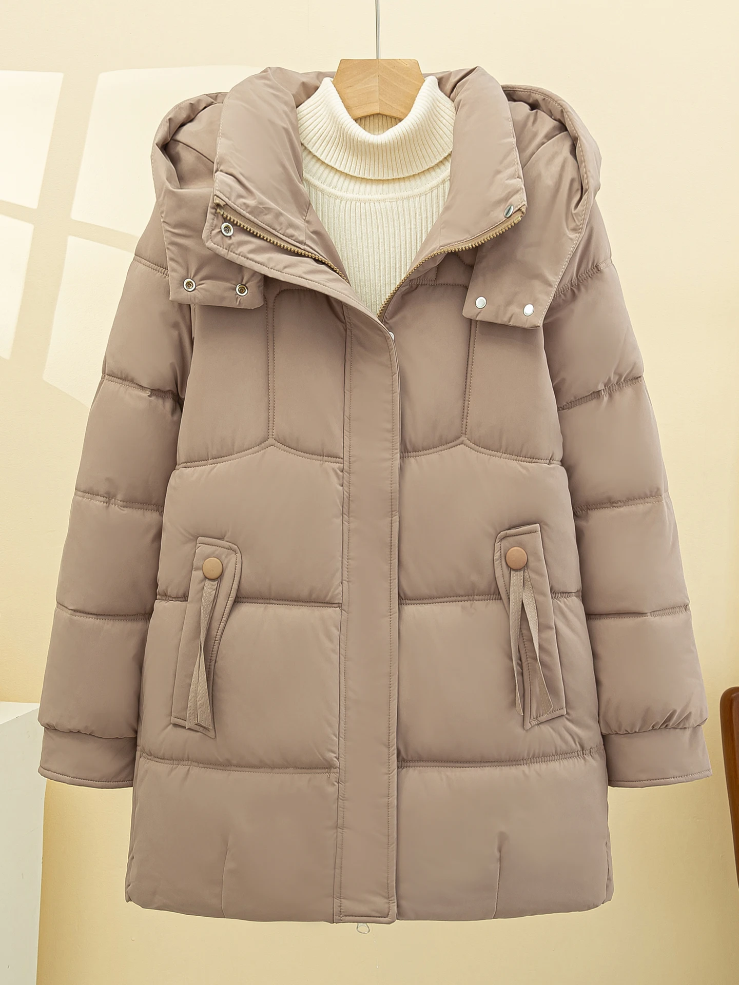 

Winter Thiened down Cotton Jaet Women's Medium Length Korean Sle Small Size Warm Hat Detachable Coat Faionable