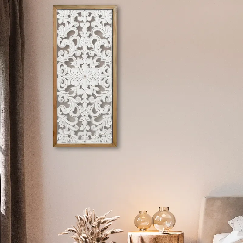Retro French Carved Solid Wood Wall Hanging Rectangular Home Decor Living Room Background Pendant Artistic Wooden Wall
