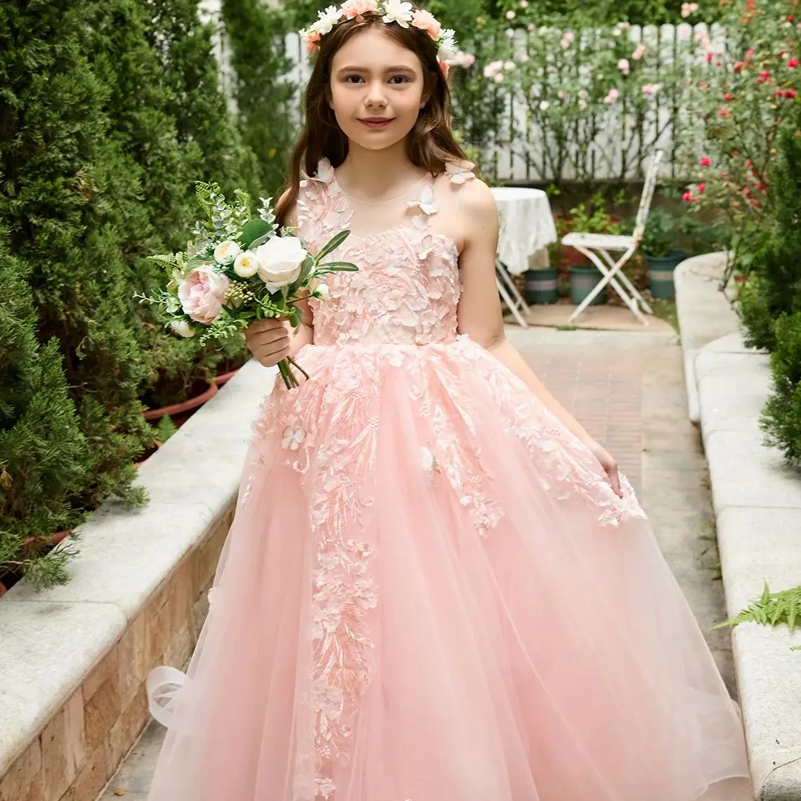 FATAPAESE Ball-Gown/Princess senza maniche pizzo raso Tulle Flower Girl abiti Pageant Girls Birthday Dresses Princess Dress Up