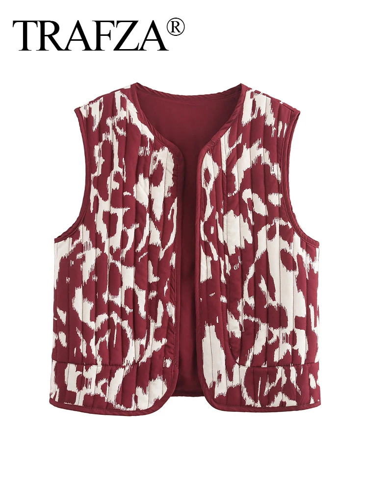 TRAFZA Women Autumn Winter Fashion Retro Versatile Slim Printed Vest Female Elegant Sleeveless Cardigan High Street Casual Vest