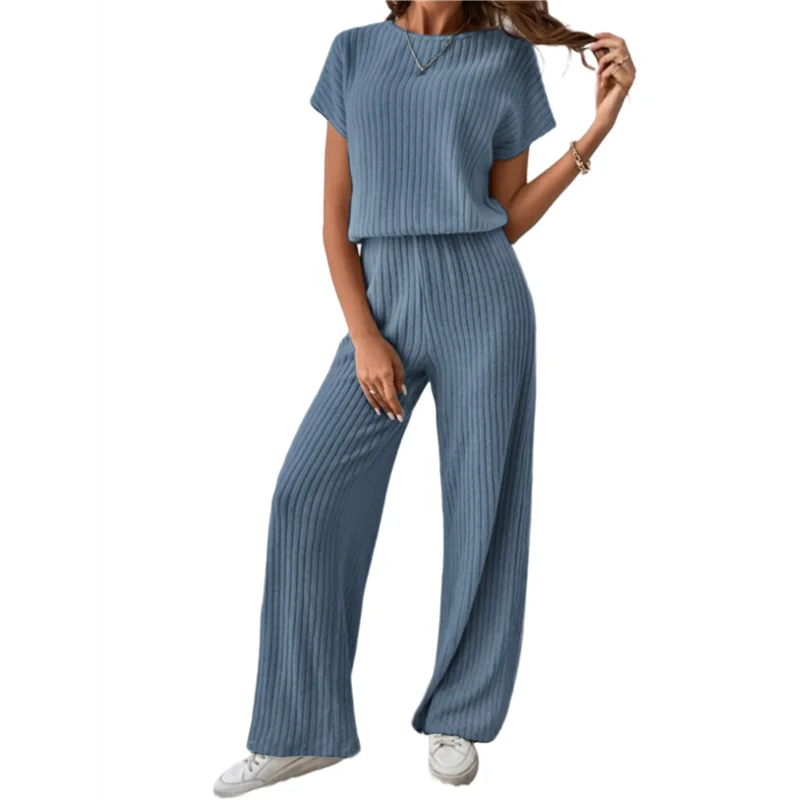 ABP-femmes décontracté été voyage vacances porter deux pièces costume à manches courtes jambe large pantalon costume décontracté