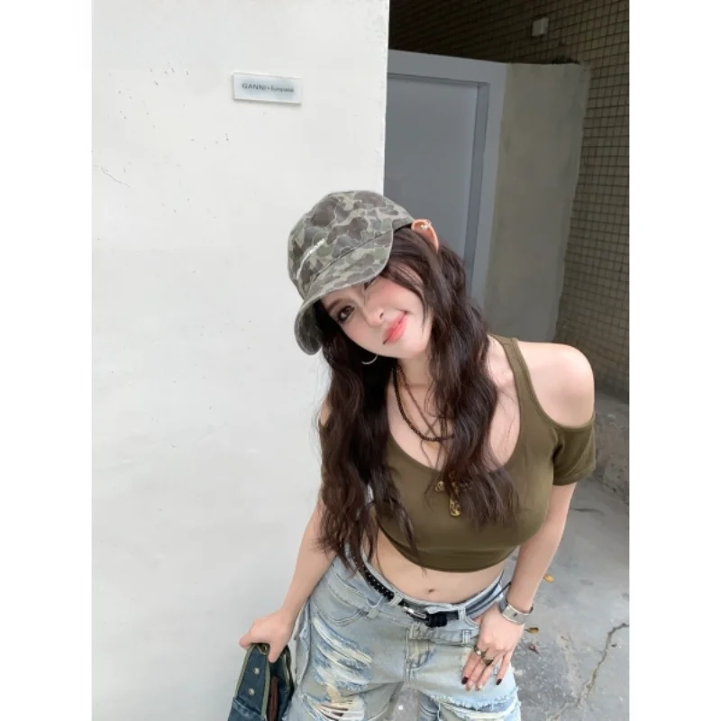 Retro Heart Design Short Sleeve T-Shirt Women's Summer High Street American Style Belly Button Baring Shoulder Baring U Neck Top