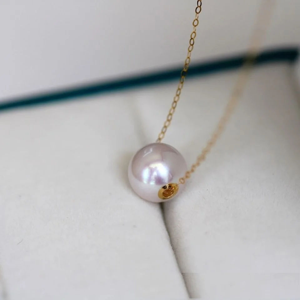 قلادة من لؤلؤ البحر الطبيعي عيار 18 قيراط سلسلة ذهبية صفراء نقية بيضاء وردية أرجوانية مستديرة من اللؤلؤ للنساء مجوهرات راقية