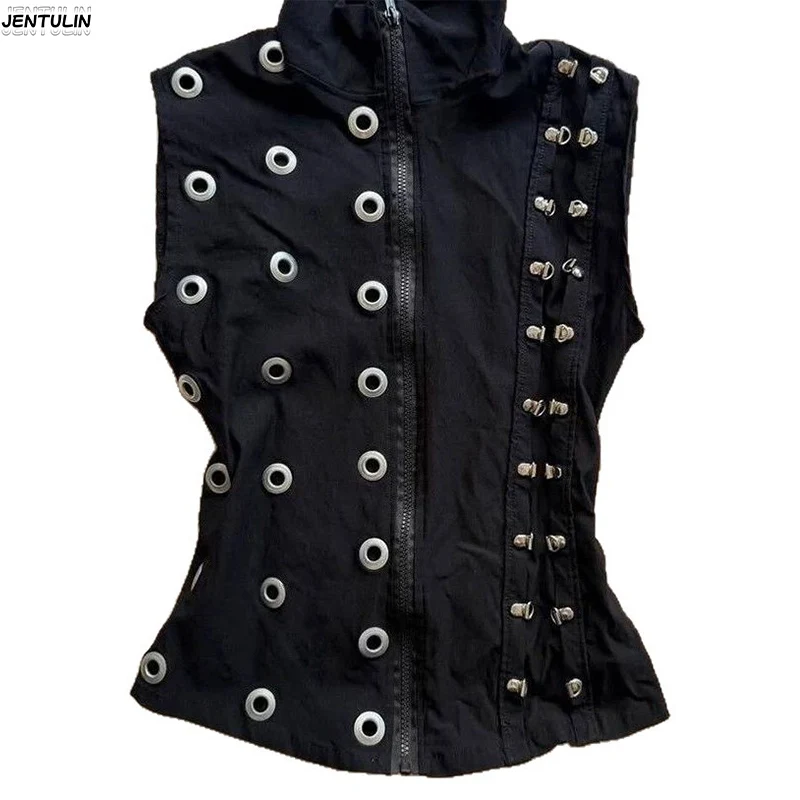 Black Metal Ring Adorned Sleeveless Vest Unisex Summer Y2K Clothing Minimalist Design Slim-Fit Tank Top For Instagram