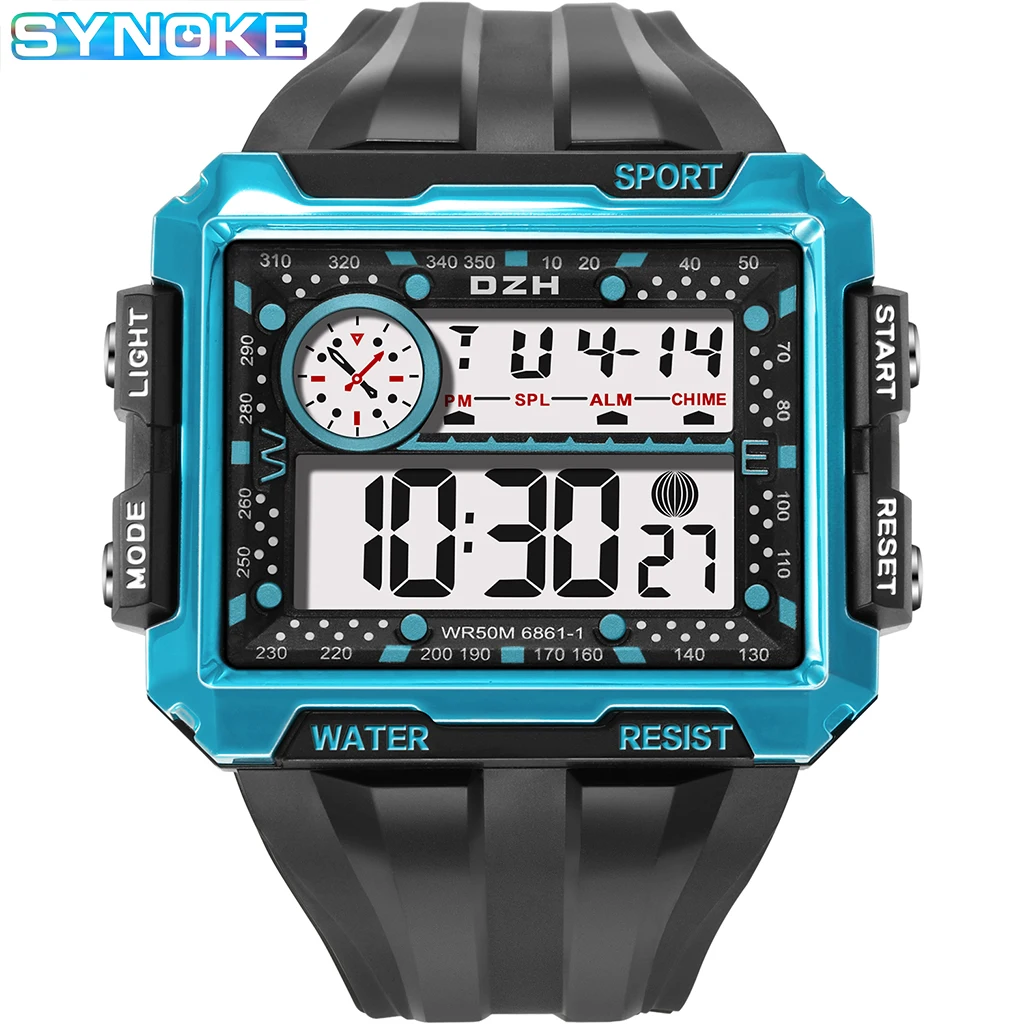 SYNOKE Men\'s Watch 50M Waterproof Square Rugged Digital Watch Men Black Resin Strap Watch Big Dial Watches Relogio Masculino