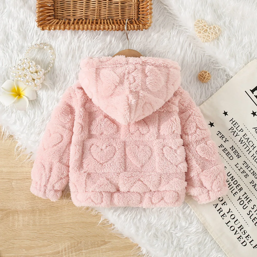 Autumn And Winter Woolen Sweater For Girls Cute Hooded Baby Girl Solid Color Cartoon Bear Heart-Shaped Woolen Jacket