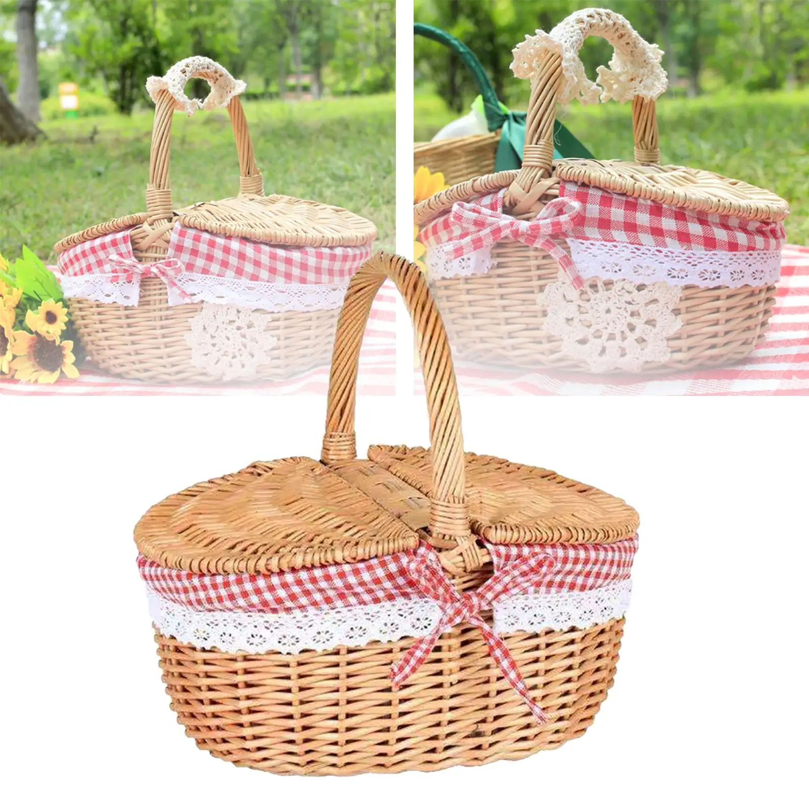 Rustic Wicker Picnic Basket with Washable Lining Rattan Storage