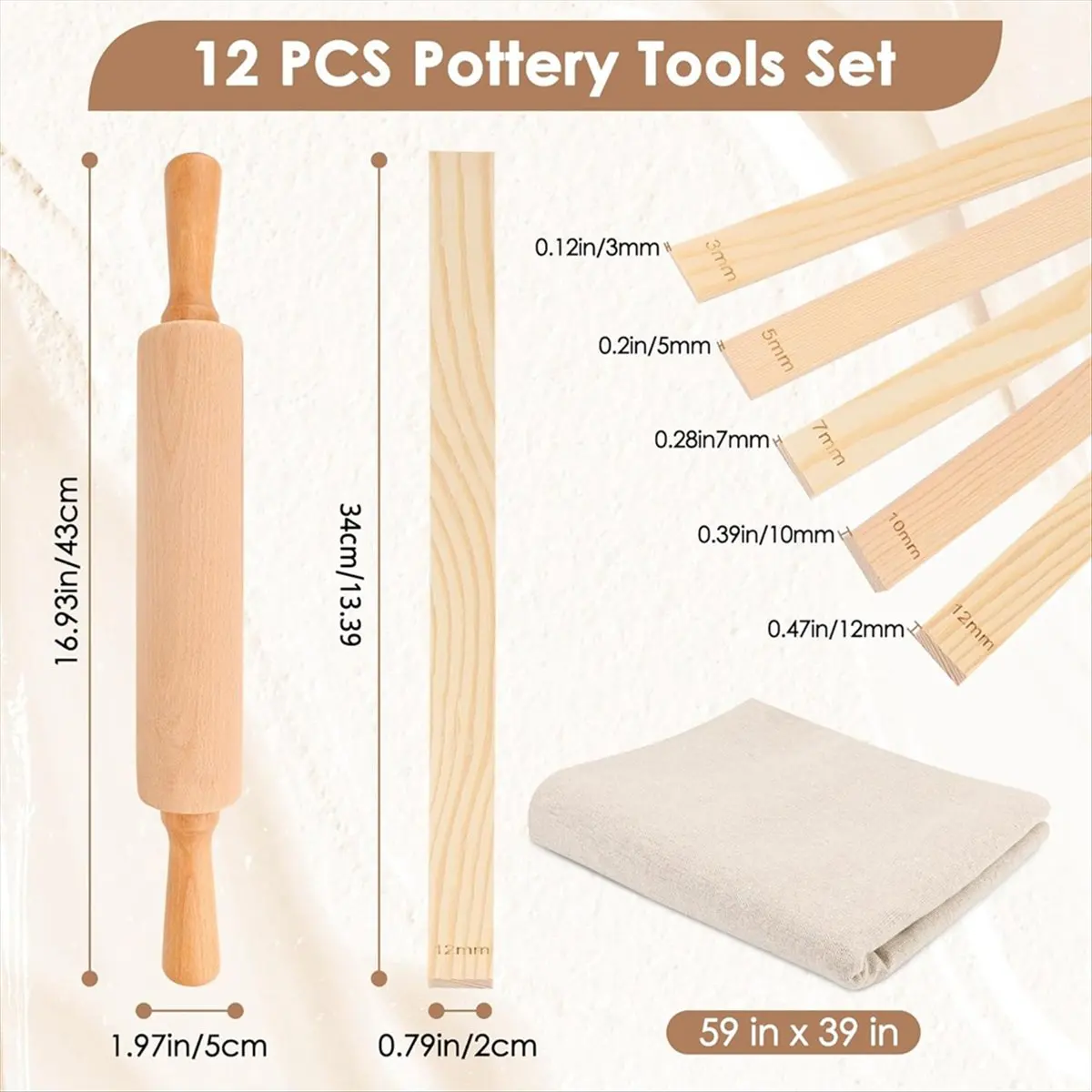 X16A Hot 12 Pcs Pottery Tools Teaching Set, Include 17inch Slab Roller 10 Pcs Wooden Rolling Pin Guides 1 Linen Tablecloth