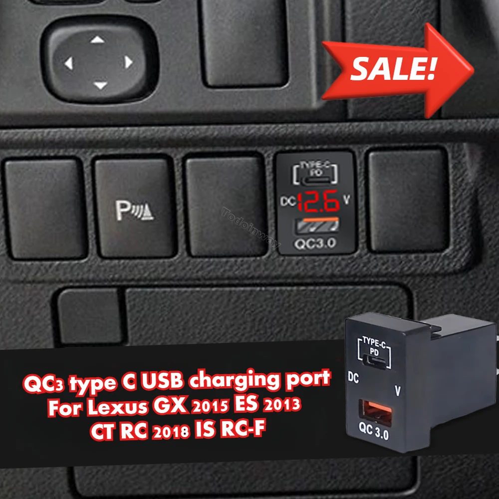 12V Smart Fast Charger Type-C PD Usb Cable Fog Light Switch Button for Lexus GX 2015 ES 2013 CT RC 2018 IS RC-F Car Upgrade