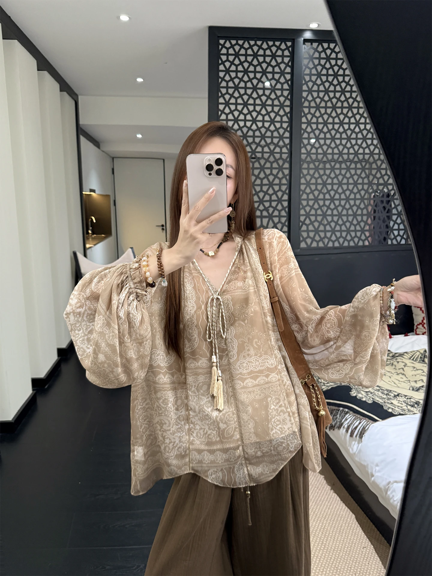 

Chic Coffee Lace Print Chiffon Blouse with Saes Korean Sle Loose Fit Long Sve Women's Top by Zhang ei for Daily Wear