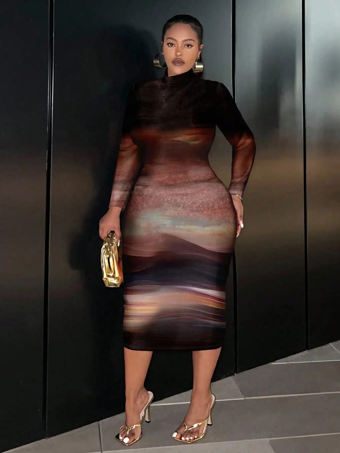 

Платье миди с абстрактным принтом в стиле кистевых штрихов, с длинными рукавами, воротником-стойкой, приталенное, больших размеров, для осенне-зимних вечеринок