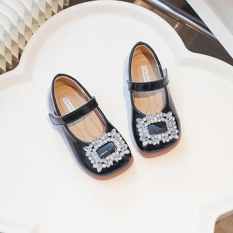 Luxury Crystal Square Buckle Ballet Flats For kids Girls Silver Leather Mary Janes Children Brand Design Elegant Dress Shoes