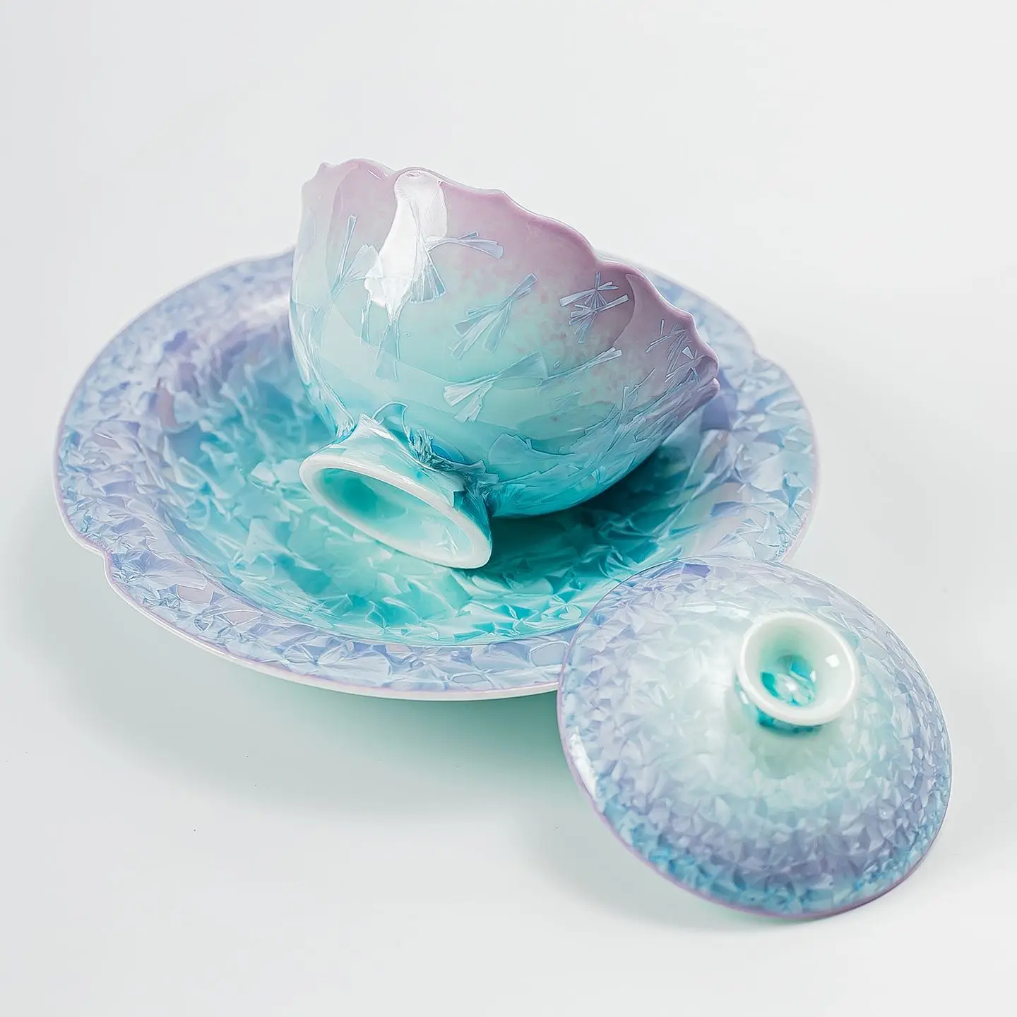 Nianshu kiln-changed crystal glaze purple blue ice flower ceramic tea set cover bowl teapot teacup cup kung fu tea set tea maker