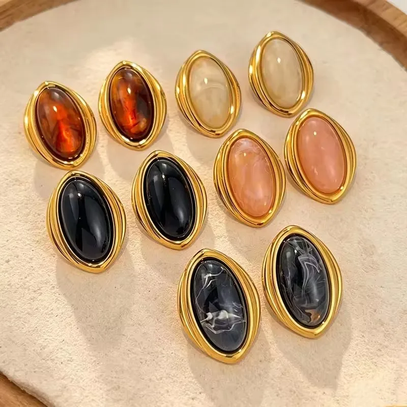 Vintage Colorful Resin Oval Stud Earrings for Women Stainless Steel Gold Color Geometric Earrings Ear Jewelry Gift 2026 New