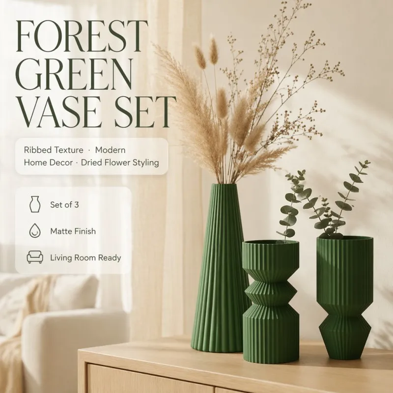 3Pcs Vertical Fluted Green Vase Set PLA 3D Printed Matte Forest Green Vase Modern Nordic Minimalist Decor For Tabletop Entryway
