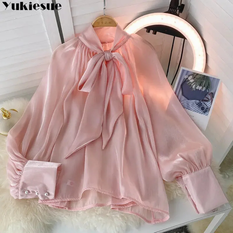 Spring New Fashion Korean stytle Satin Advanced sense Shirt Female Bow Tie Collar Retro Bubble Long-Sleeved Elegant Blouse Women