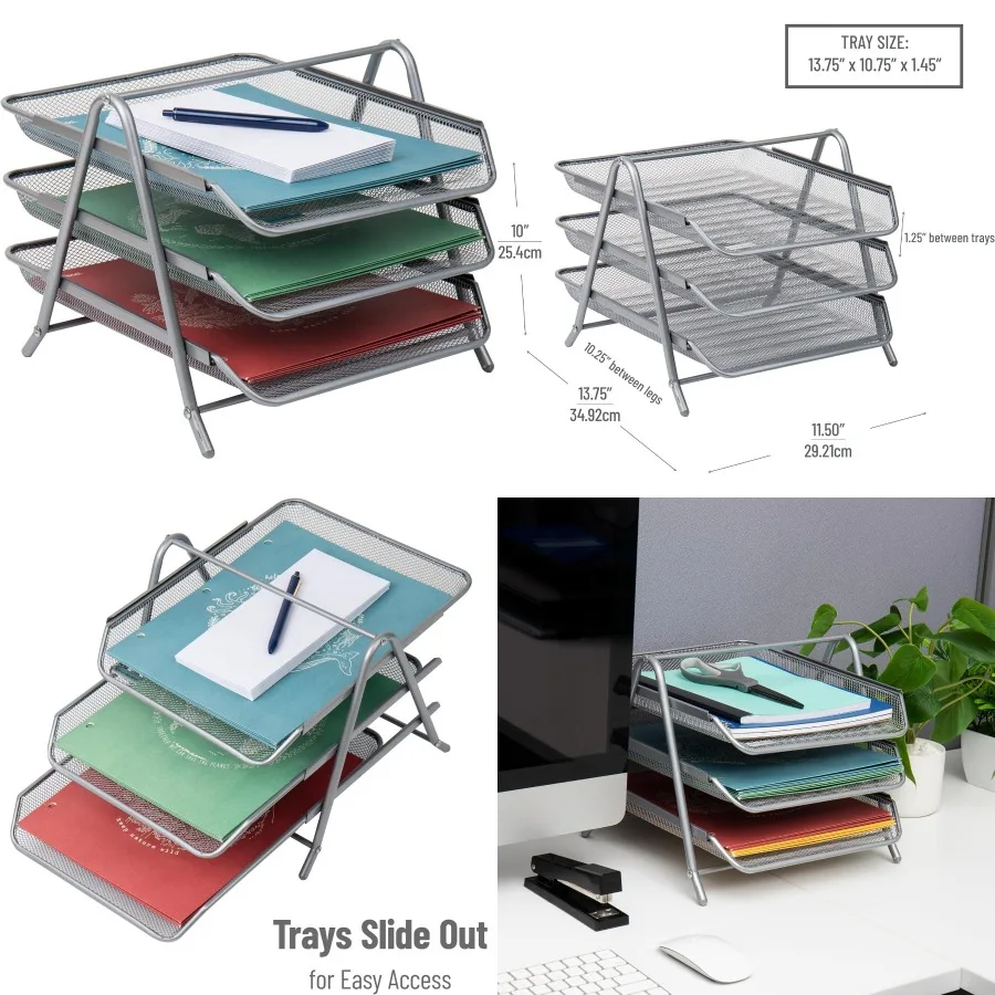 

3-уровневый лоток для бумаги, настольный органайзер для офисного использования, место для хранения файлов с металлической сеткой и размером 11,75 л x 13,75 Вт x 10 часов, серебряная отделка
