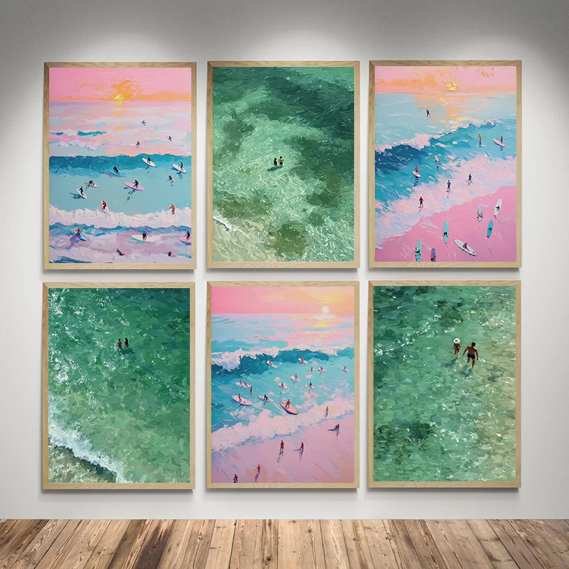 Summer Ocean Pink Beach Swimming Surf Minimalist Green Abstract Retro Poster Canvas Paintings Wall Art Pictures Room Home Decor