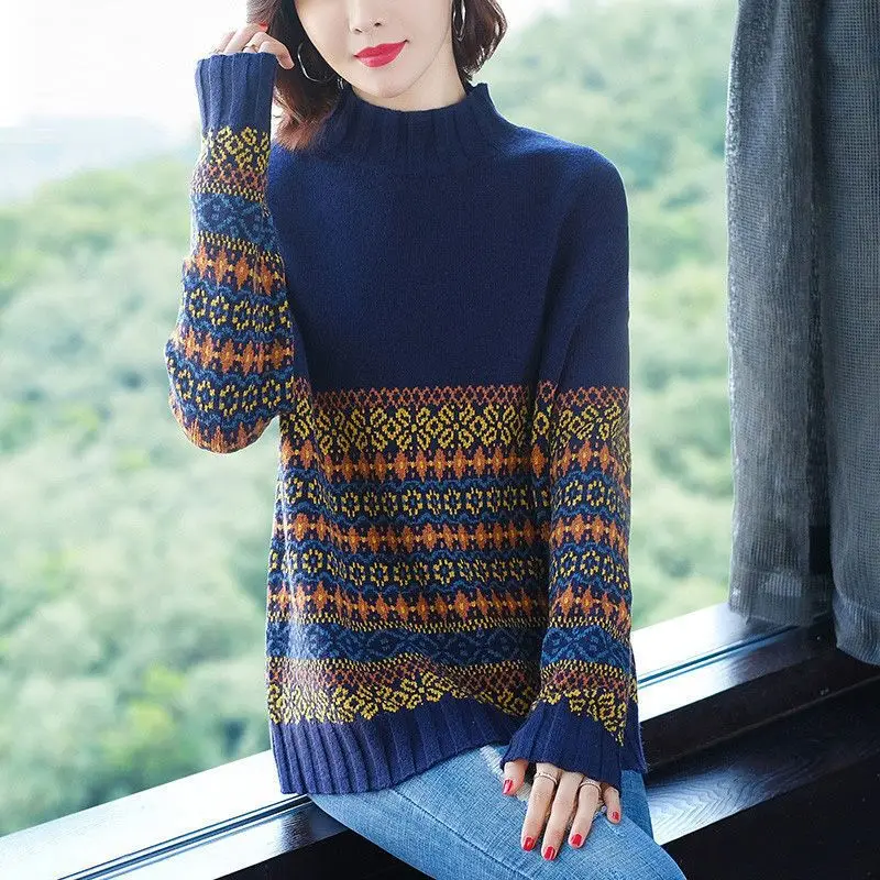 Women Vintage Ethnic Style Jacquard Knitted Sweaters Autumn Winter Korean Fashion Half High Collar Long Sleeve Tops Loose Jumper