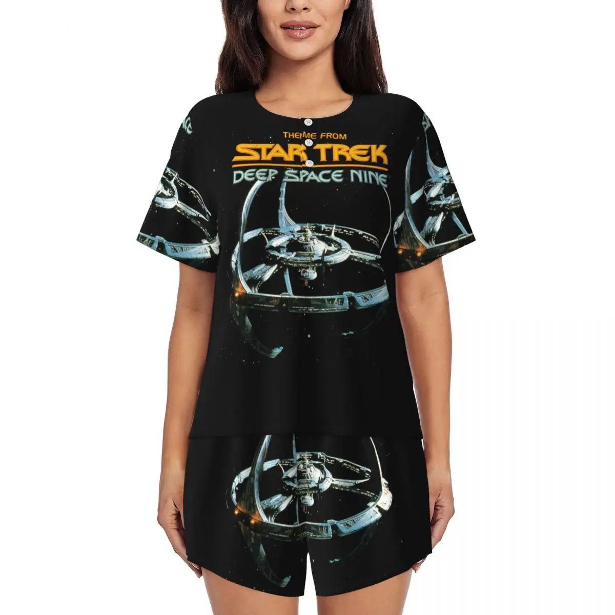 

Ночные рубашки с круглым вырезом и короткими рукавами Stars Treks Deep Space Nine Space Station для женщин, свободный пижамный комплект с короткими штанами