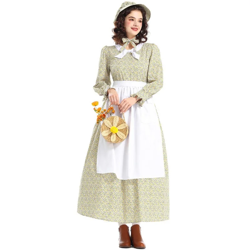 أزياء الهالوين الجديدة المستعمرة البراري فستان زهري أصفر المئزر الرائد زي مهرجان أزياء اللعب