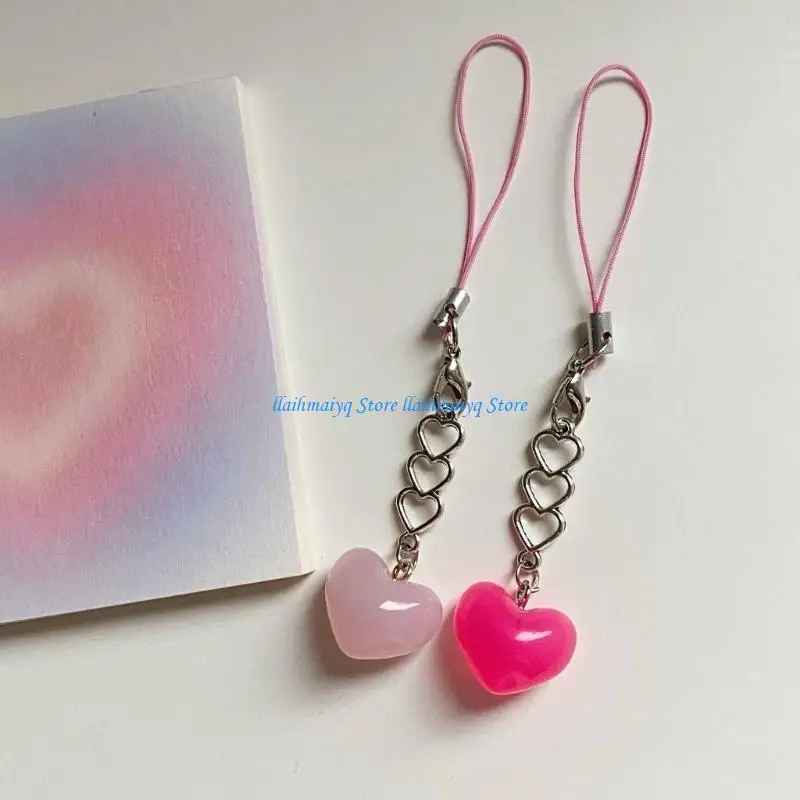 573B Colorful Cellphone Lanyard Love Heart Shaped Keychain Bag Decorations Handmade Phone Charm Unisex Chain Jewelry