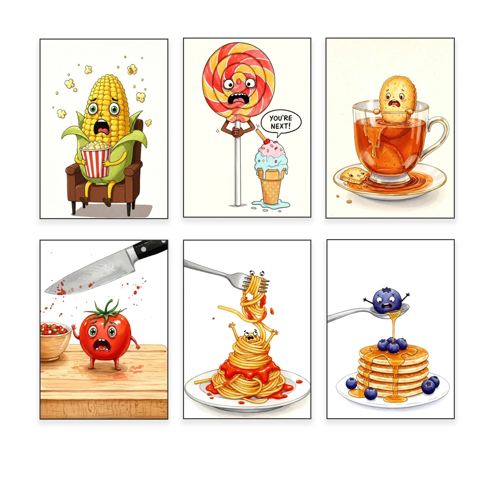 Funny cartoon candy, popcorn, peanut butter, cranberry, blackberry, spaghetti, mango beach, food puns, humor kitchen art poster