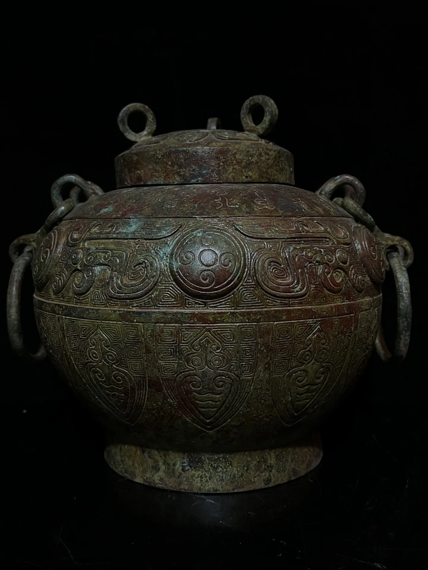 Very rare han Dynasty bronze red spot green rust inscribed pattern chain bottle,Beautiful ornamentation,free shipping