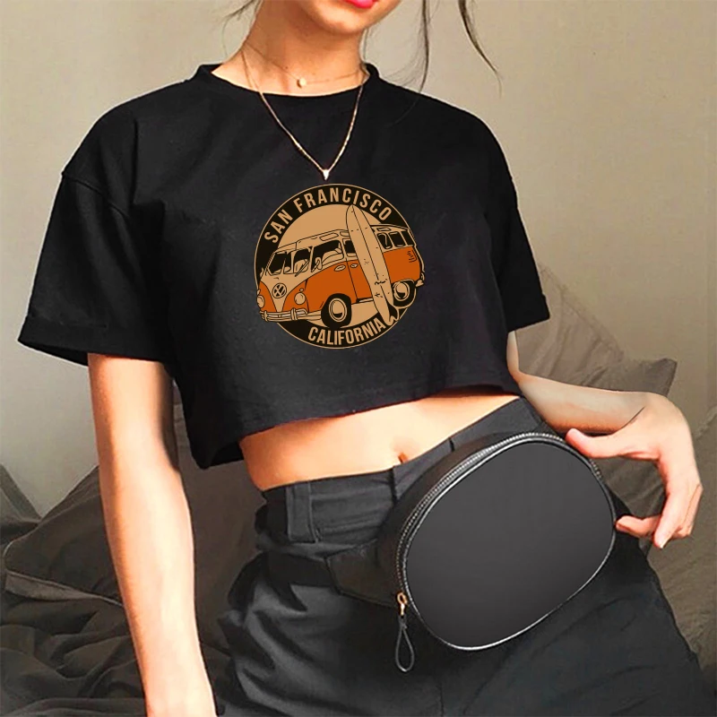 Seeyoushy San Francisco California Print Vintage Buses Cropped Tops Women Short Harajuku Shirt for Lady Y2k Graphic Tees Shirts