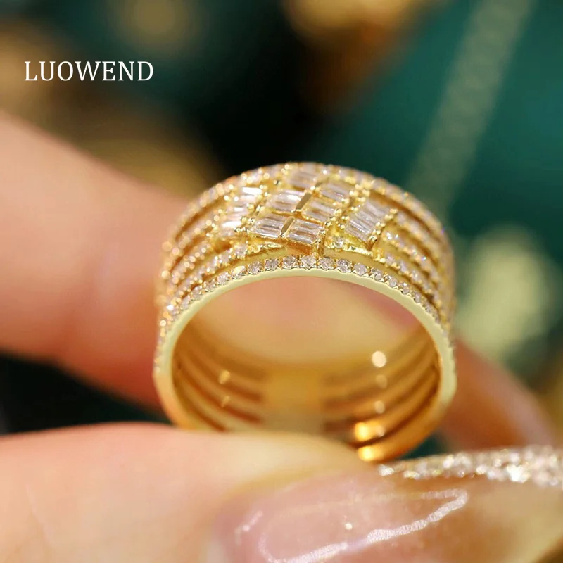 LUOWEND 18K Yellow Gold Rings Fashion Line Design 0.60carat Real Natural Diamond Engagement Ring for Women High Party Jewelry